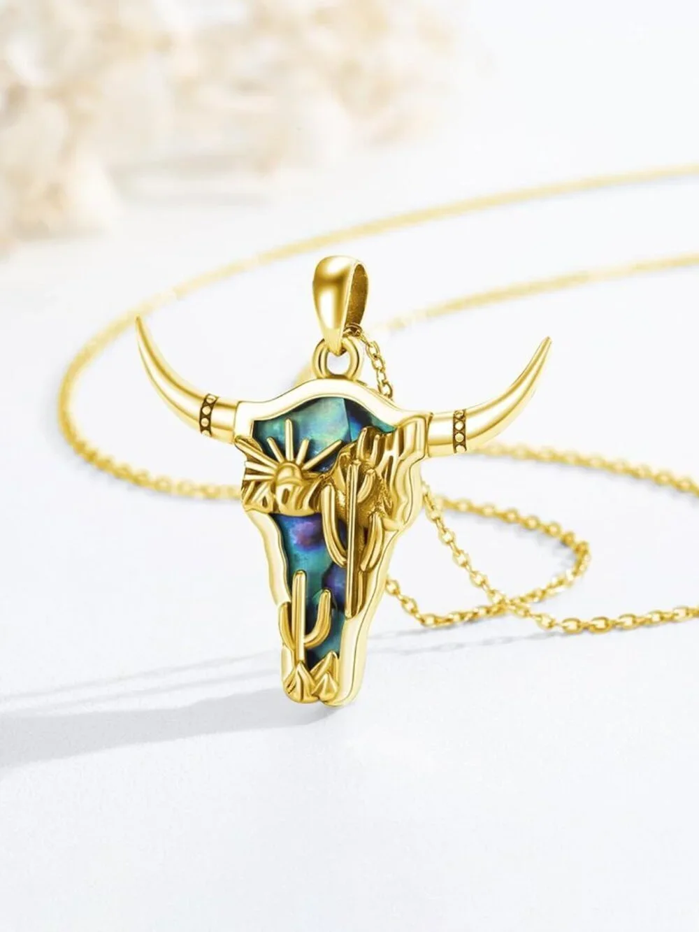 Women's Gold B Sterling Turquoise Pendant Highland Cow Skull Western Necklace